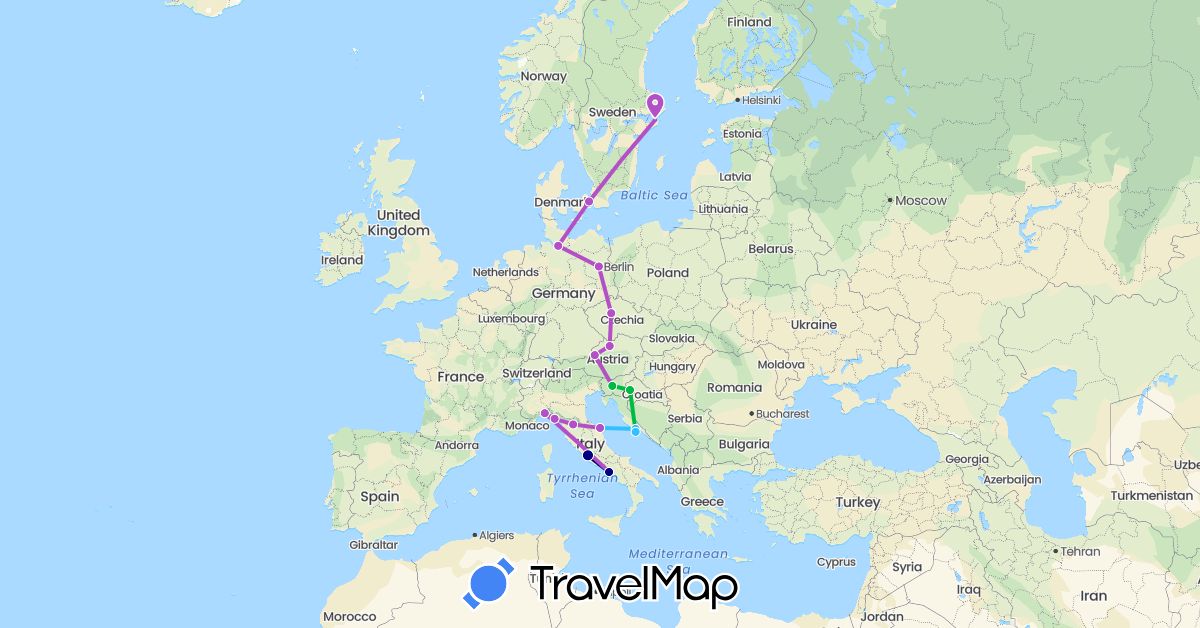 TravelMap itinerary: driving, bus, train, boat in Austria, Czech Republic, Germany, Denmark, Croatia, Italy, Sweden, Slovenia (Europe)